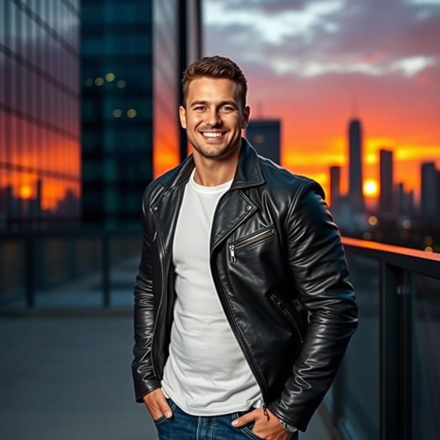 a man with a strong build and charming smile, standing confidently in a modern urban environment, wearing a stylish leather jacket and jeans, with a sunset illuminating the skyline in the background, adding warmth to the scene, showcasing his charisma and style