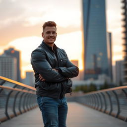 a man with a strong build and charming smile, standing confidently in a modern urban environment, wearing a stylish leather jacket and jeans, with a sunset illuminating the skyline in the background, adding warmth to the scene, showcasing his charisma and style