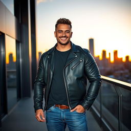 a man with a strong build and charming smile, standing confidently in a modern urban environment, wearing a stylish leather jacket and jeans, with a sunset illuminating the skyline in the background, adding warmth to the scene, showcasing his charisma and style