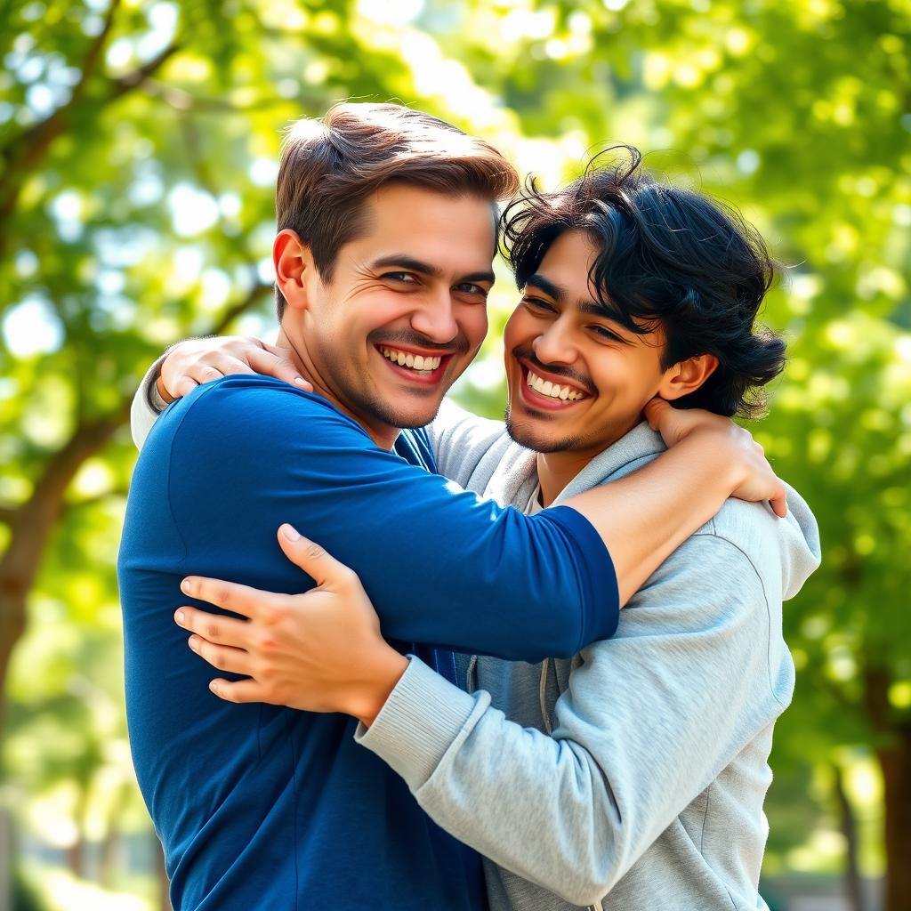 A warm and heartfelt scene of two friends embracing each other in a friendly hug