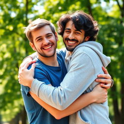 A warm and heartfelt scene of two friends embracing each other in a friendly hug