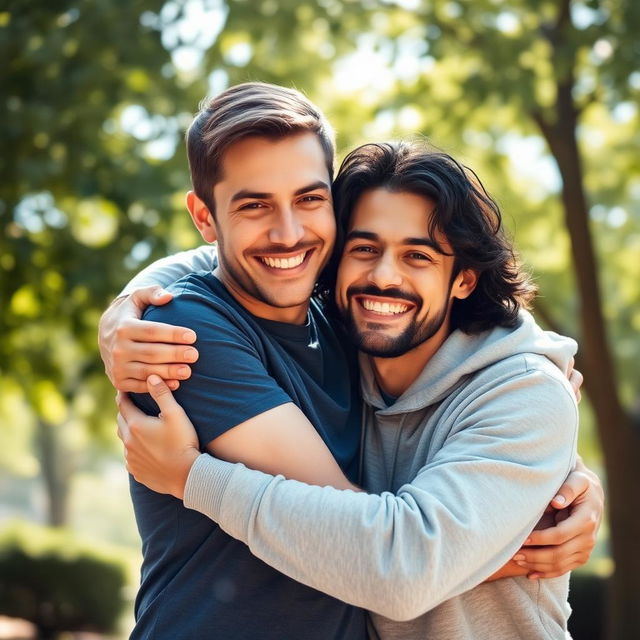 A warm and heartfelt scene of two friends embracing each other in a friendly hug