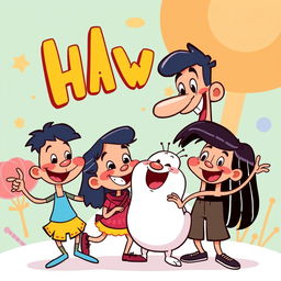A vibrant and fun cartoon illustration based on the given photo, featuring exaggerated and playful character designs with bold colors and dynamic poses