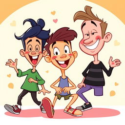A vibrant and fun cartoon illustration based on the given photo, featuring exaggerated and playful character designs with bold colors and dynamic poses