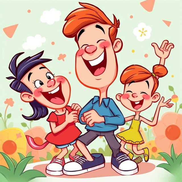 A vibrant and fun cartoon illustration based on the given photo, featuring exaggerated and playful character designs with bold colors and dynamic poses