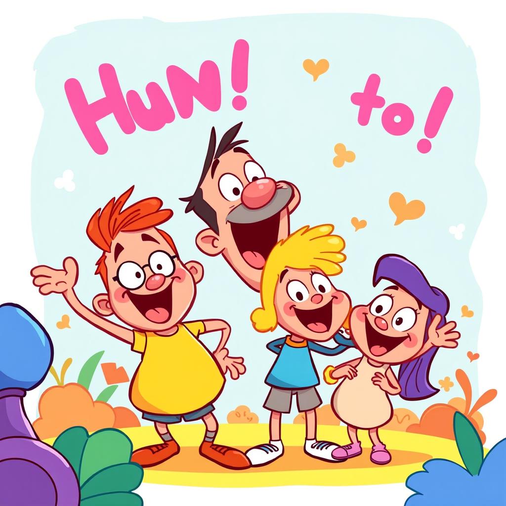 A vibrant and fun cartoon illustration based on the given photo, featuring exaggerated and playful character designs with bold colors and dynamic poses