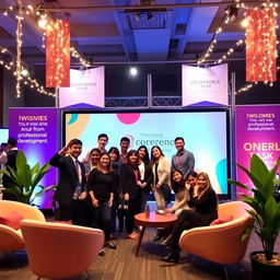 A vibrant and engaging photo zone designed for a conference, featuring a stylish backdrop with the conference logo prominently displayed