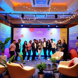 A vibrant and engaging photo zone designed for a conference, featuring a stylish backdrop with the conference logo prominently displayed