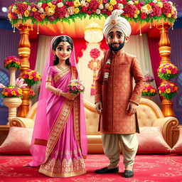 An animated bride elegantly draped in a beautiful pink saree, adorned with intricate gold embroidery and sparkling embellishments, holding a traditional bridal bouquet