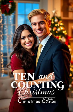 A Christmas-themed portrait of a young blonde-haired male politician, dressed in a smart suit, standing alongside his dark-haired girlfriend, who is wearing a stylish holiday dress