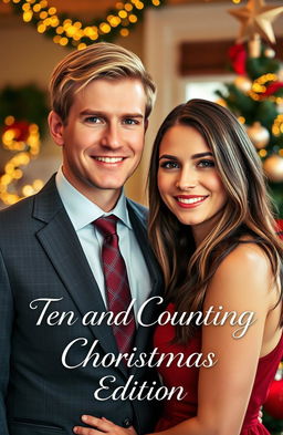 A Christmas-themed portrait of a young blonde-haired male politician, dressed in a smart suit, standing alongside his dark-haired girlfriend, who is wearing a stylish holiday dress