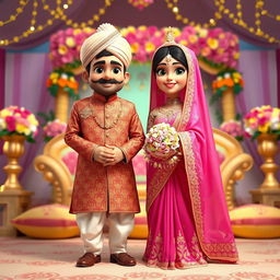 An animated bride elegantly draped in a beautiful pink saree, adorned with intricate gold embroidery and sparkling embellishments, holding a traditional bridal bouquet