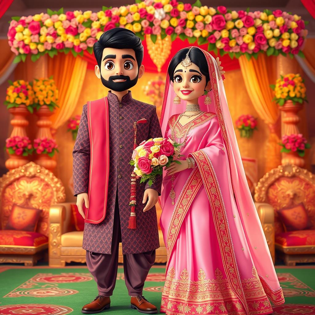 An animated bride elegantly draped in a beautiful pink saree, adorned with intricate gold embroidery and sparkling embellishments, holding a traditional bridal bouquet