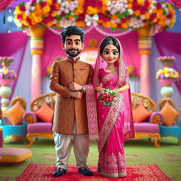 An animated bride elegantly draped in a beautiful pink saree, adorned with intricate gold embroidery and sparkling embellishments, holding a traditional bridal bouquet