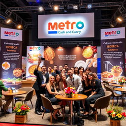 A vibrant photo zone designed for a METRO Cash and Carry conference, showcasing the company's international wholesale trading focus on the HoReCa sector and private entrepreneurs