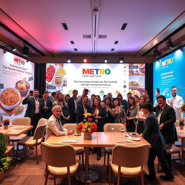 A vibrant photo zone designed for a METRO Cash and Carry conference, showcasing the company's international wholesale trading focus on the HoReCa sector and private entrepreneurs