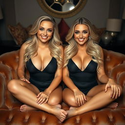 A cozy, intimate portrait of twin curvy blonde dominatrixes with average breasts, sitting confidently on a lush, opulent sofa