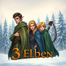 A captivating book cover design for "3 Elben" featuring three distinct male elves standing in the foreground