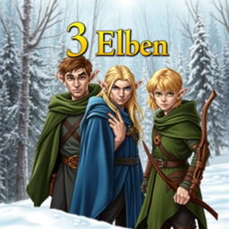 A captivating book cover design for "3 Elben" featuring three distinct male elves standing in the foreground