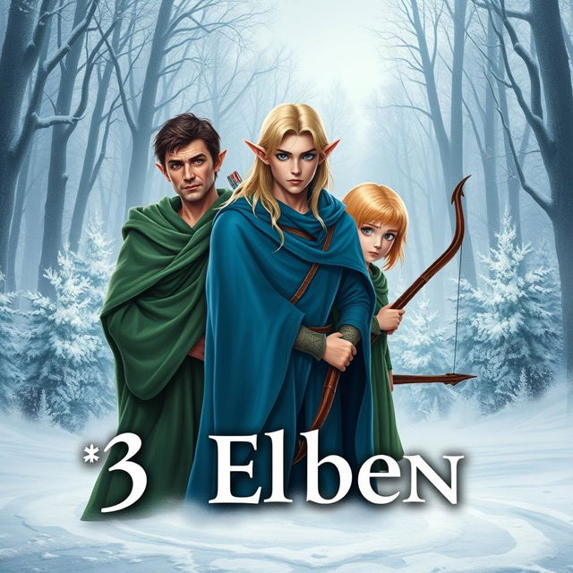 A captivating book cover design for "3 Elben" featuring three distinct male elves standing in the foreground