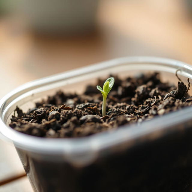 A close-up view of rich, dark soil in a small, transparent plastic container