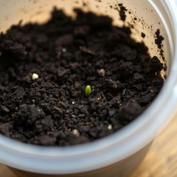 A close-up view of rich, dark soil in a small, transparent plastic container