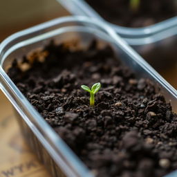 A close-up view of rich, dark soil in a small, transparent plastic container