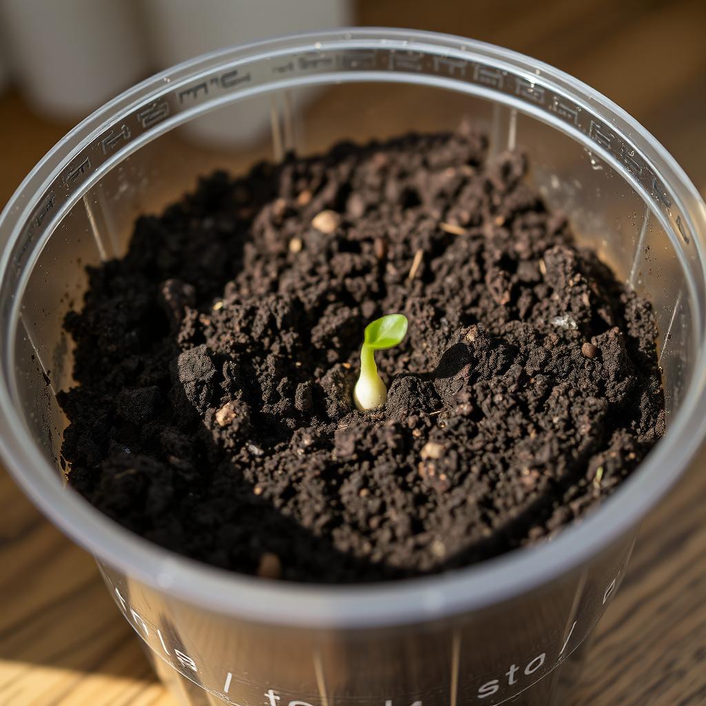 A close-up view of rich, dark soil in a small, transparent plastic container