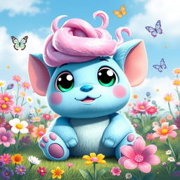 A plush, cartoon-style creature with big, expressive eyes sitting in a whimsical garden