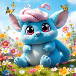 A plush, cartoon-style creature with big, expressive eyes sitting in a whimsical garden