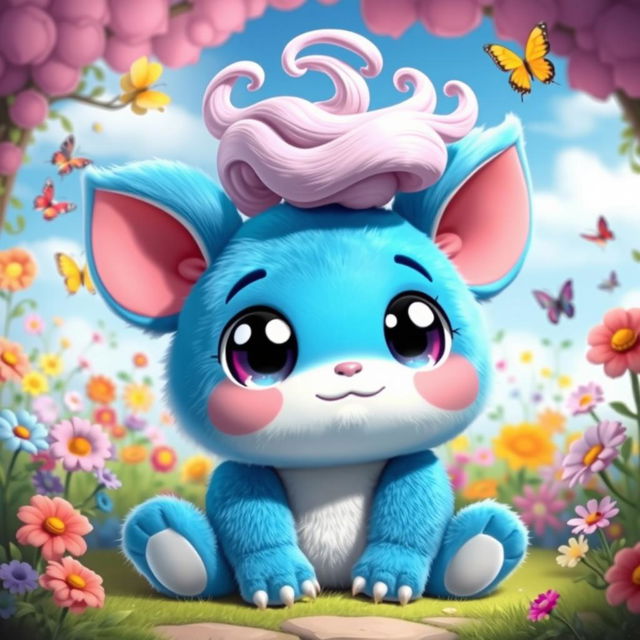 A plush, cartoon-style creature with big, expressive eyes sitting in a whimsical garden