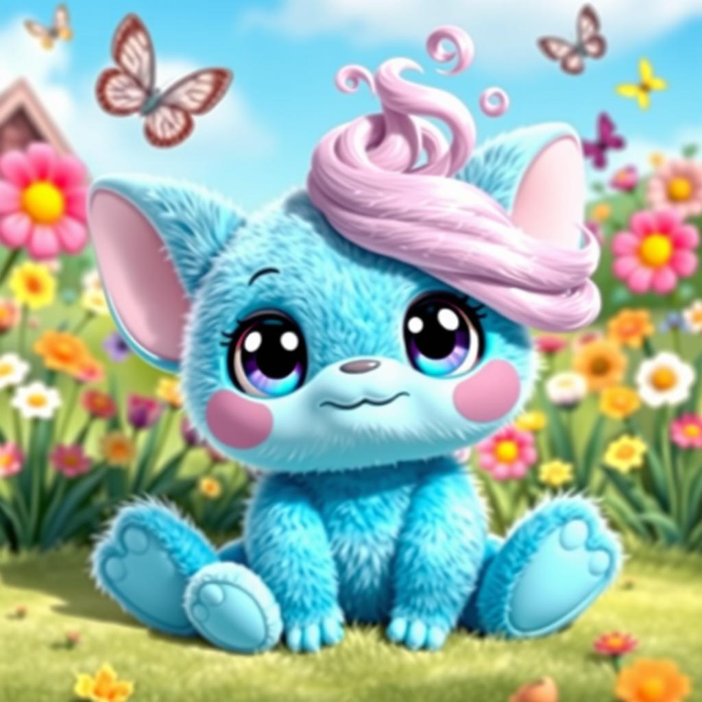 A plush, cartoon-style creature with big, expressive eyes sitting in a whimsical garden