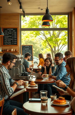 A cozy, vibrant coffee shop scene bustling with customers