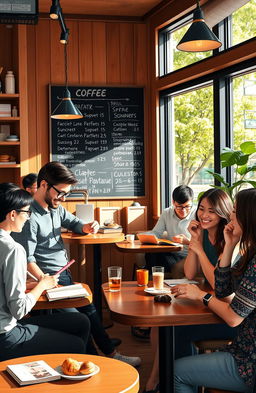 A cozy, vibrant coffee shop scene bustling with customers