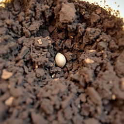 A close-up view of dirt in a container, showing a single dead seed nestled within the soil