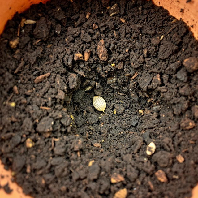 A close-up view of dirt in a container, showing a single dead seed nestled within the soil