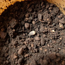 A close-up view of dirt in a container, showing a single dead seed nestled within the soil