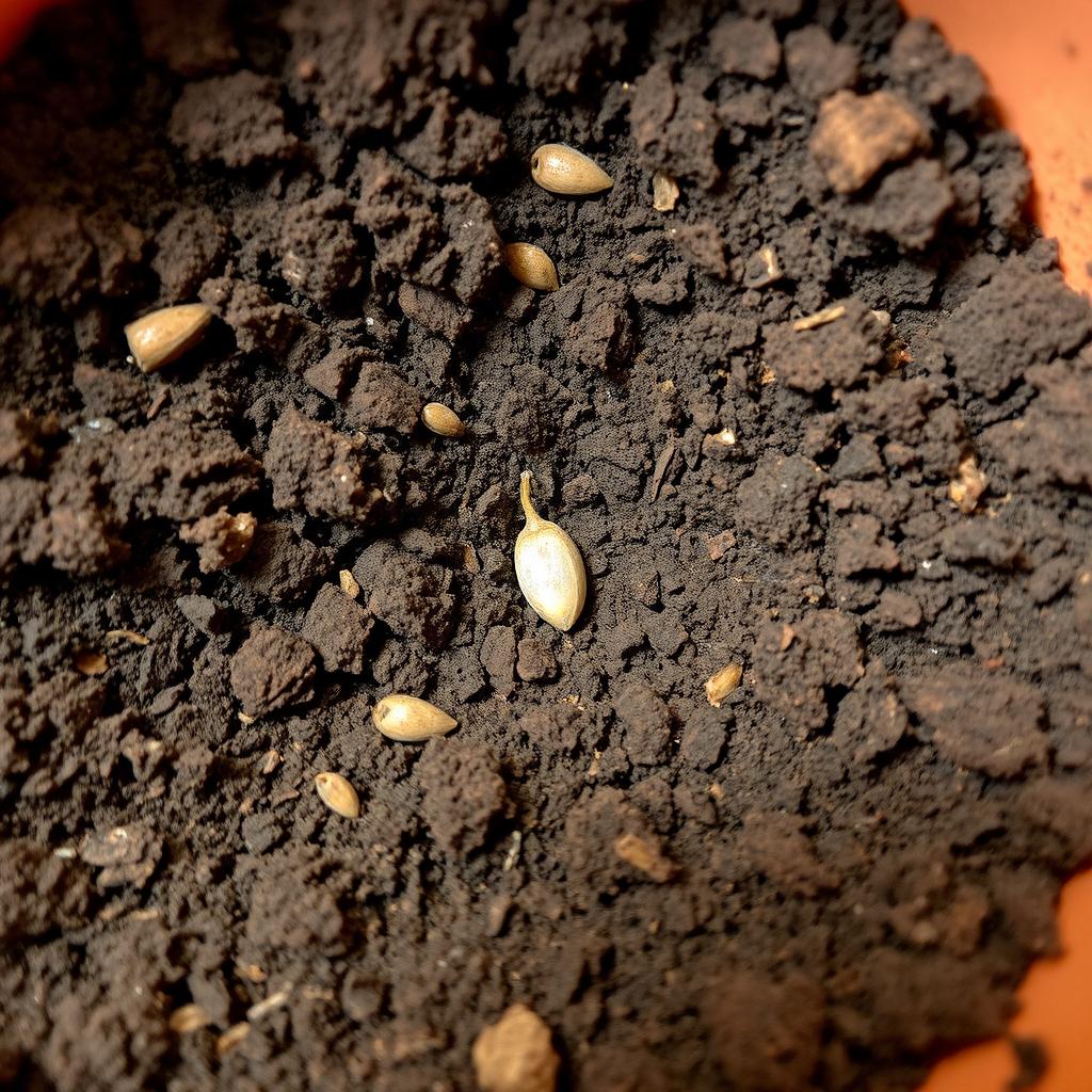 A close-up view of dirt in a container, showing a single dead seed nestled within the soil