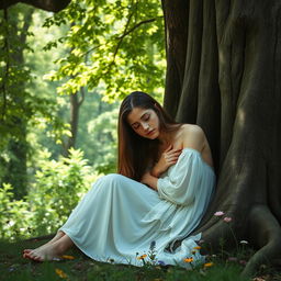 A young woman with long flowing hair sits beside a large, ancient tree