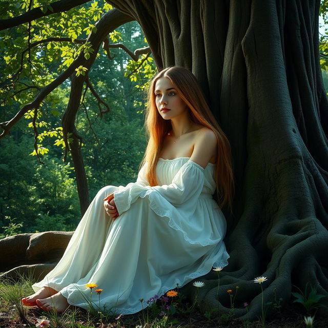 A young woman with long flowing hair sits beside a large, ancient tree