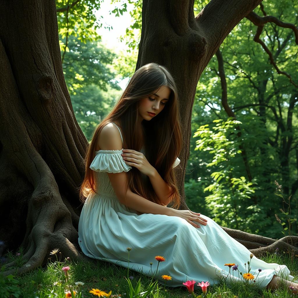 A young woman with long flowing hair sits beside a large, ancient tree