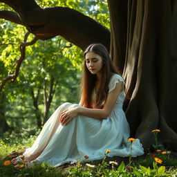 A young woman with long flowing hair sits beside a large, ancient tree