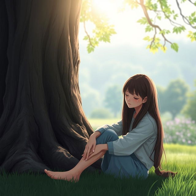 A young woman sitting beside a large, majestic tree, her head bowed in sadness