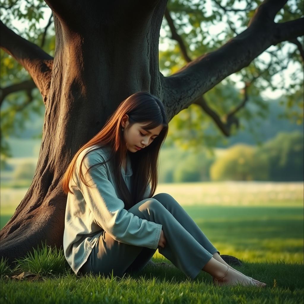 A young woman sitting beside a large, majestic tree, her head bowed in sadness