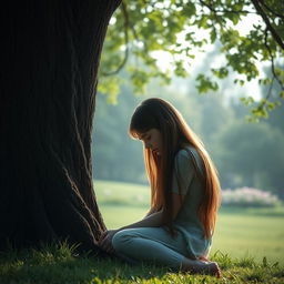 A young woman sitting beside a large, majestic tree, her head bowed in sadness