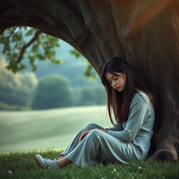 A young woman sitting beside a large, majestic tree, her head bowed in sadness