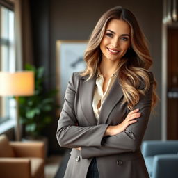 An elegant and sophisticated portrait of a beautiful woman with long, flowing hair styled in soft waves