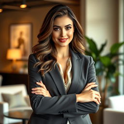 An elegant and sophisticated portrait of a beautiful woman with long, flowing hair styled in soft waves