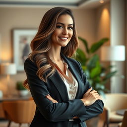 An elegant and sophisticated portrait of a beautiful woman with long, flowing hair styled in soft waves