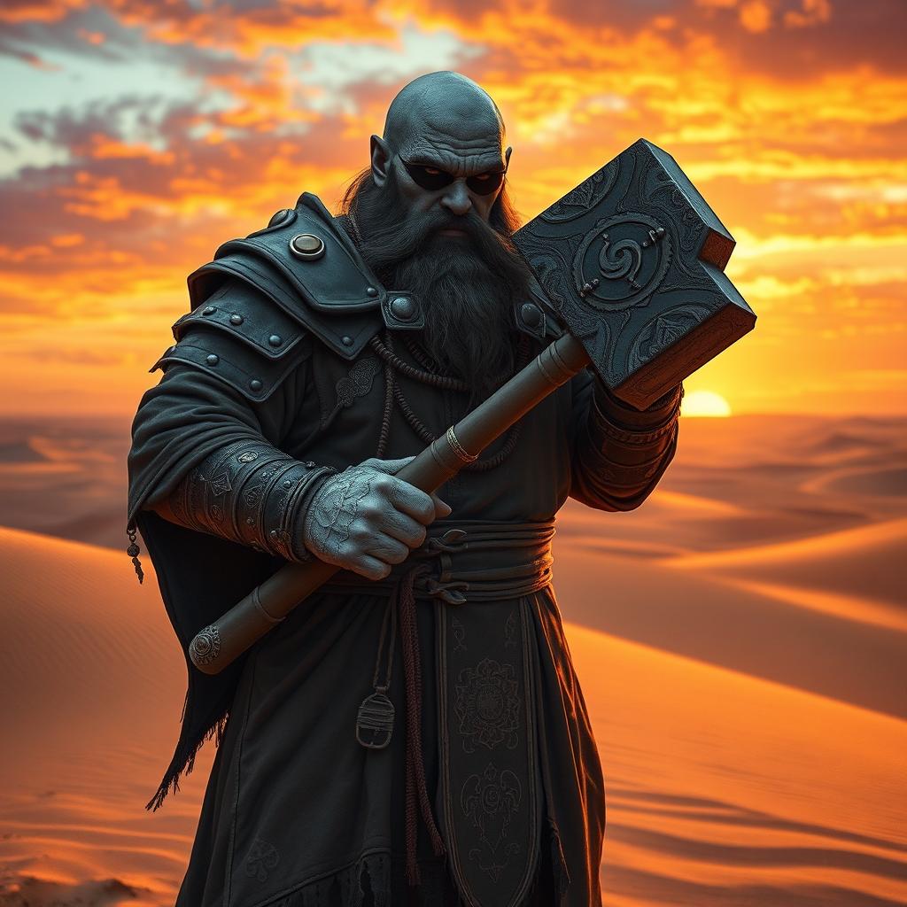 A Duergar cleric standing resolutely in an expansive desert landscape, gripping a heavy war hammer that is intricately designed with ancient symbols and a polished finish